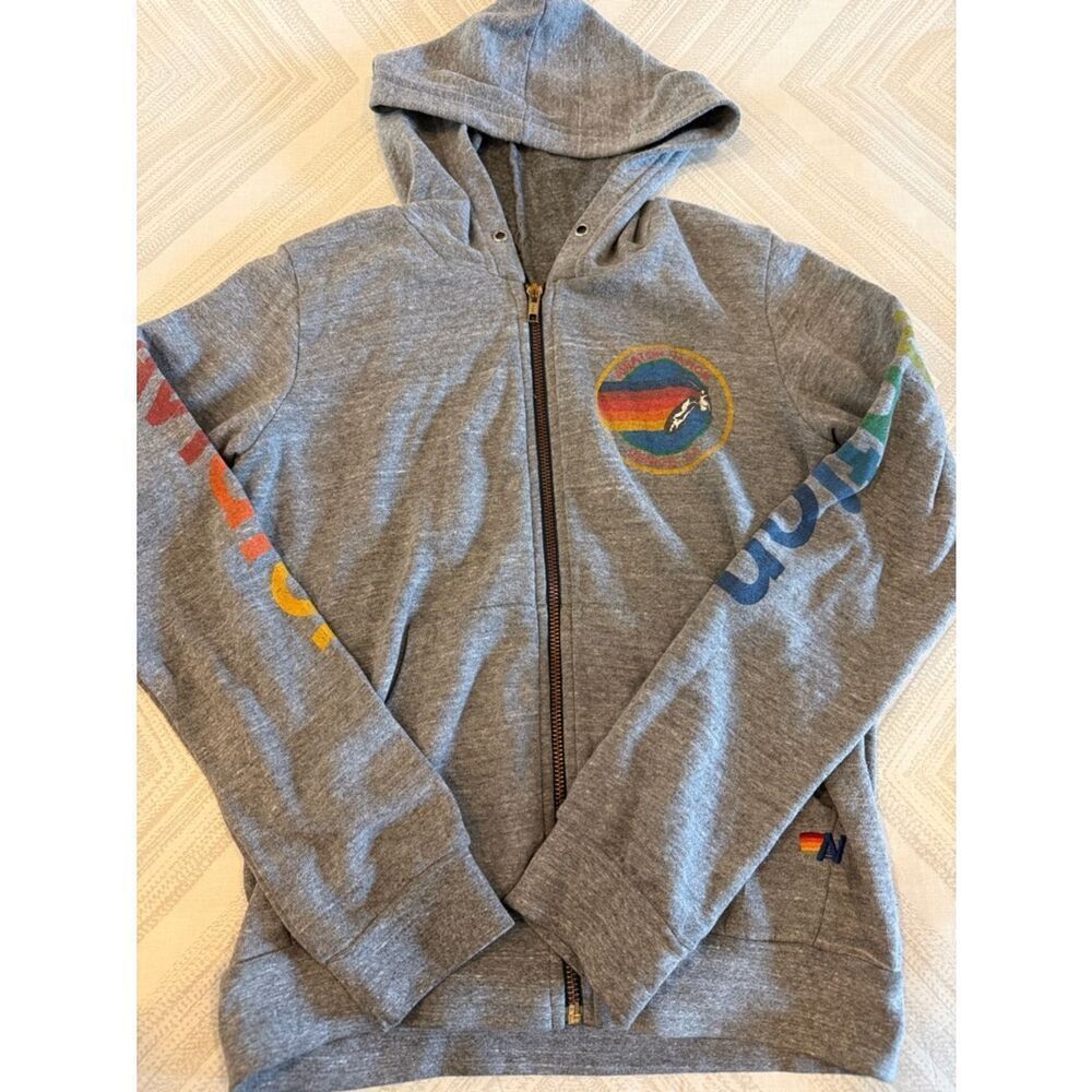 Aviator Nation Kids Size 14 Heather Grey Zip-Up Hoodie Rainbow Logo Venice CA